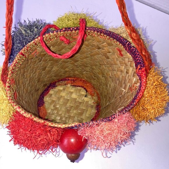POM POM Mini Crossbody Straw Bucket Back Colorful Fun 5.75 x  5 inches - Picture 8 of 10